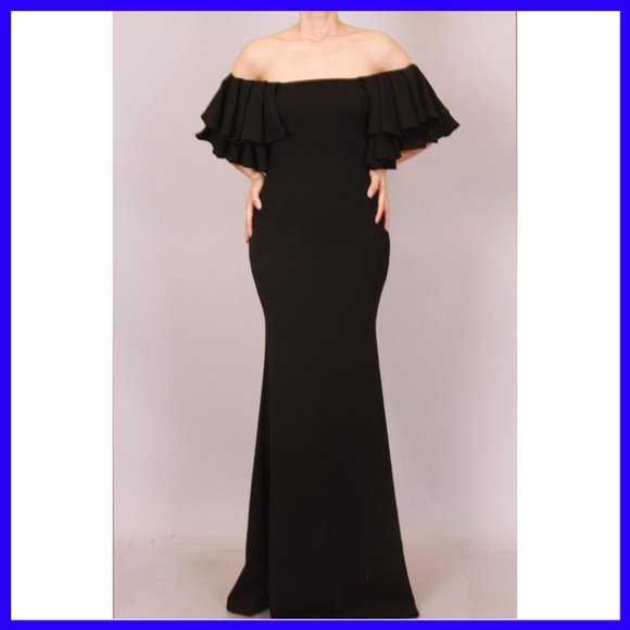 NWT Ruffled Off Shoulder Mermaid Maxi Dress Green - Picture 2 of 6